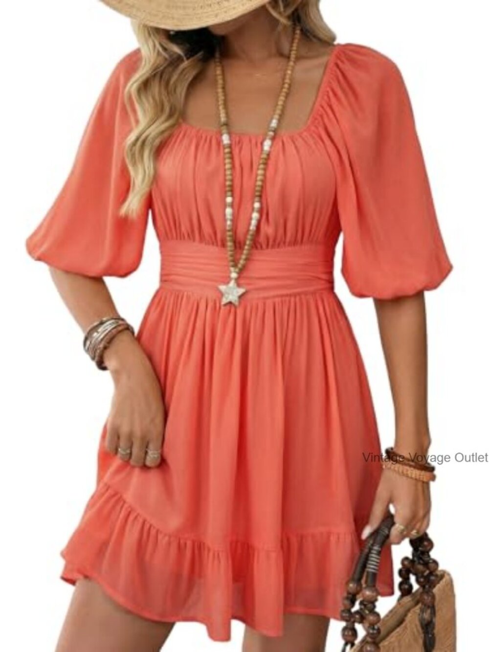 Women's Square Neck Tie Back Lantern Sleeve Ruffle A-Line Mini Dress
